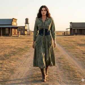 Acid Wash Cowgirl Boho Prairie Cinched Waist Full Skirt Dress EVC